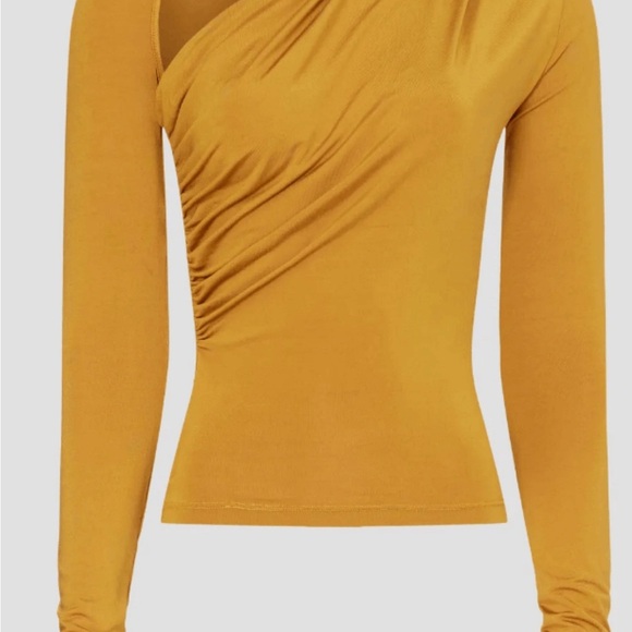 Asymmetric Ruched Long-Sleeve Jersey Top Elegant Mustard One-Shoulder Top SZ-10 - Picture 3 of 16